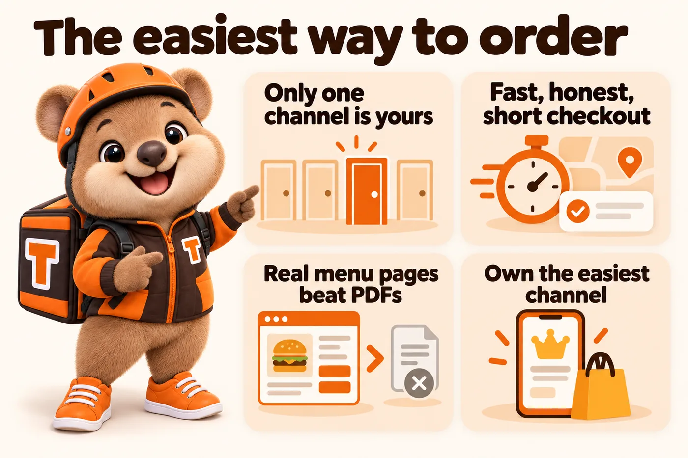 The easiest way to order: only one channel is yours; fast, honest, short checkout; real menu pages beat PDFs; own the easiest channel. Tito, the GetRestaurantSite mascot, points at the four takeaways