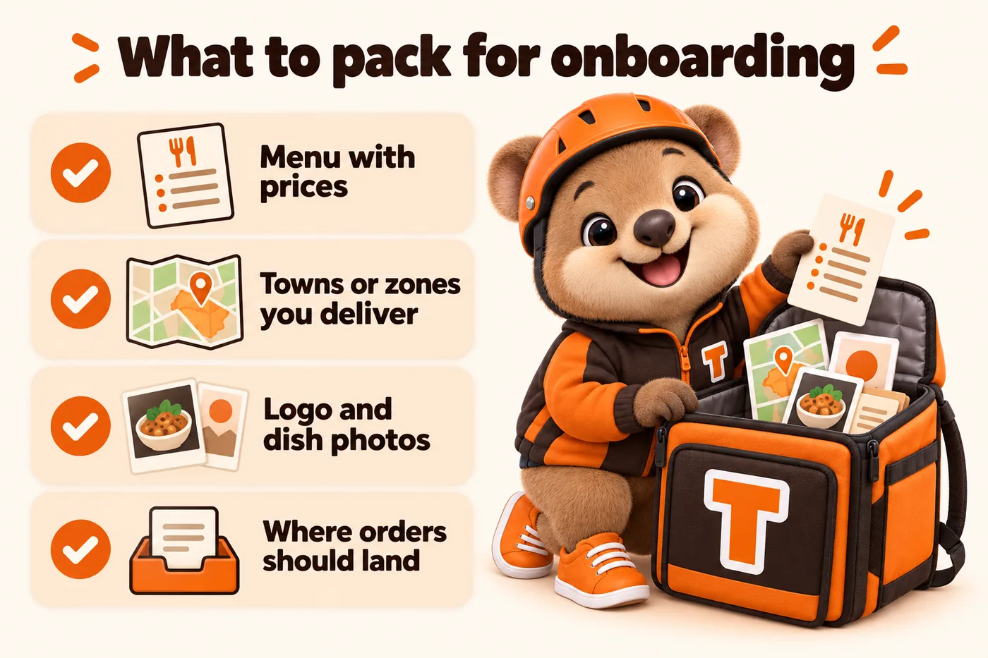 What to pack for onboarding: menu with prices, towns or zones you deliver, logo and dish photos, where orders should land. Tito packs them into his delivery backpack
