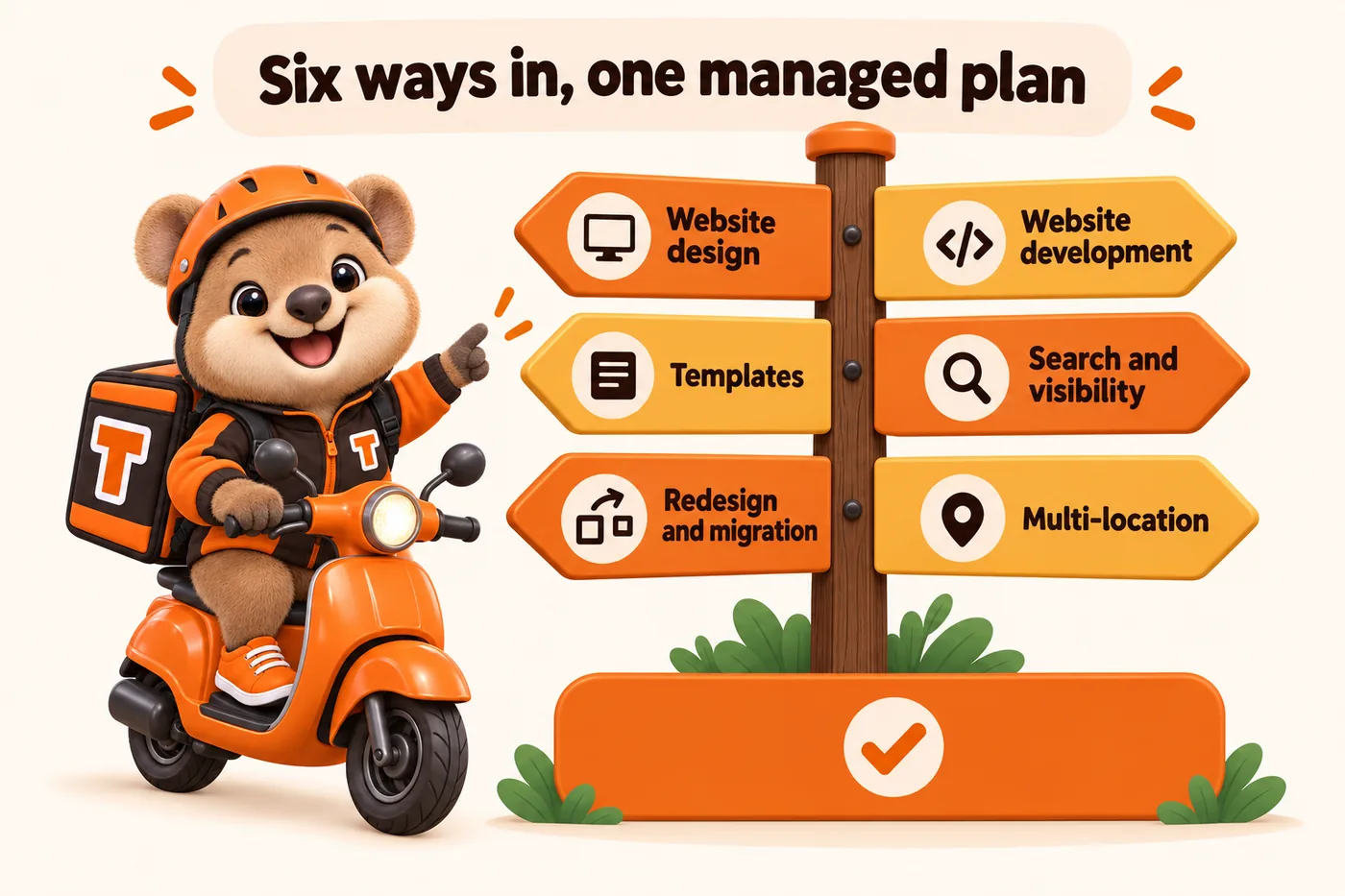 Six ways in, one managed plan: website design, website development, templates, search and visibility, redesign and migration, multi-location. Tito points up at the signpost