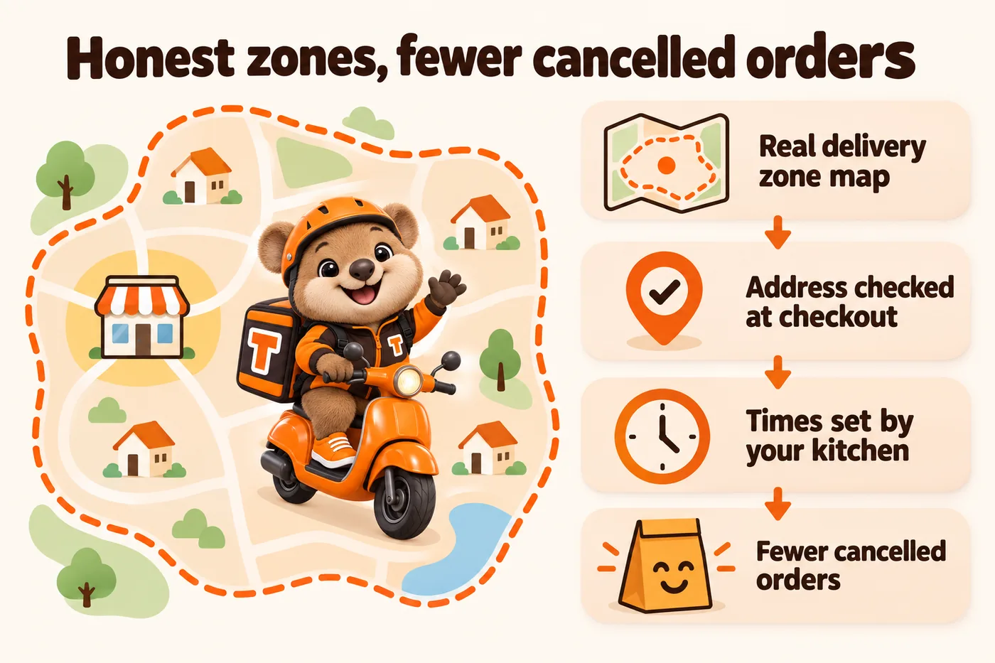 Honest zones, fewer cancelled orders: real delivery zone map, address checked at checkout, times set by your kitchen, fewer cancelled orders. Tito rides inside the zone