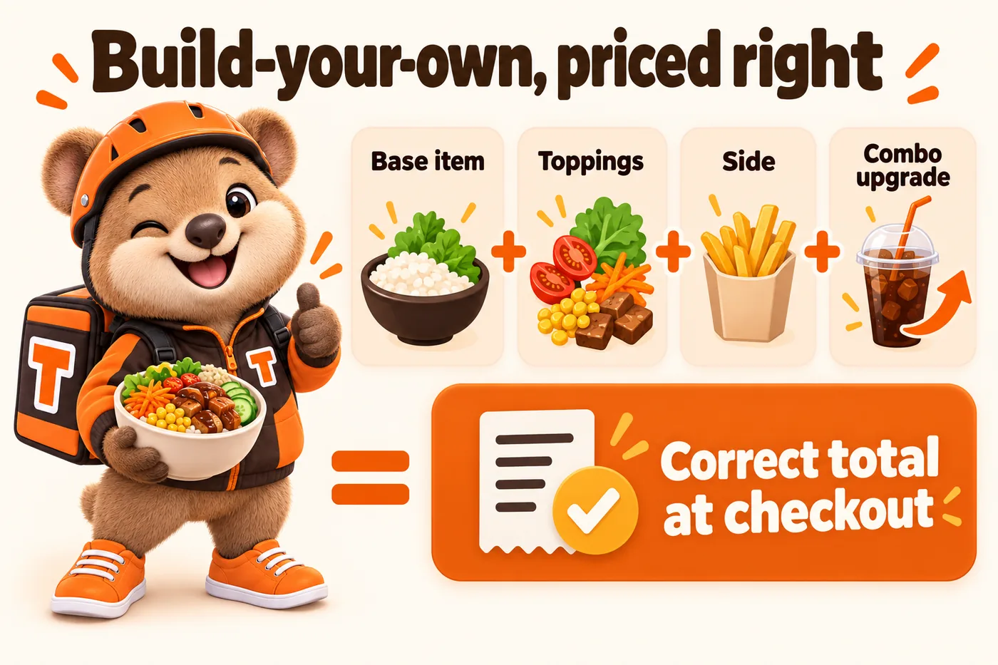 Build-your-own, priced right: base item, plus toppings, plus side, plus combo upgrade, equals the correct total at checkout. Tito holds a bowl