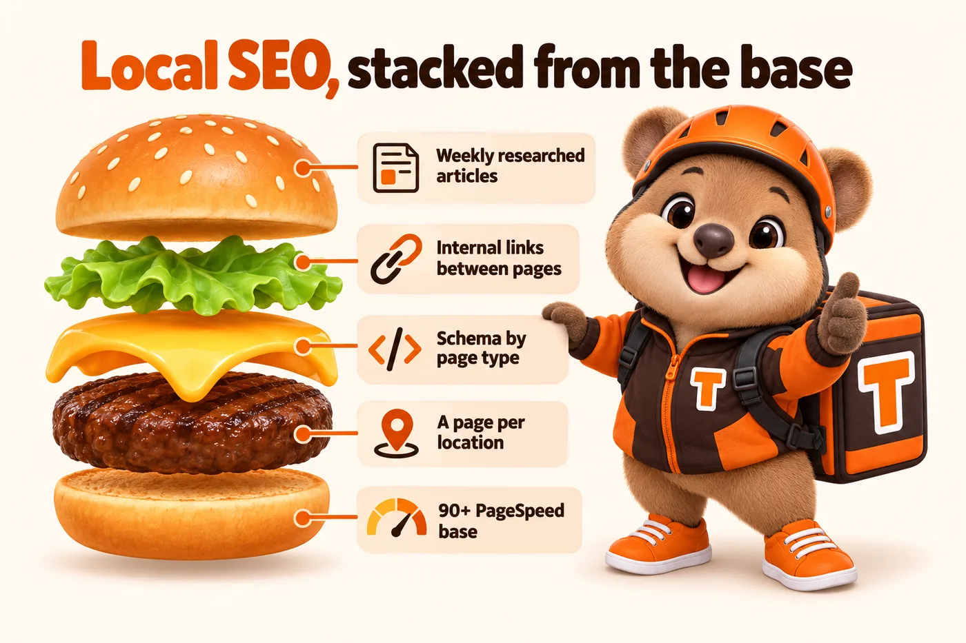 Local SEO, stacked from the base, drawn as a burger: 90+ PageSpeed base, a page per location, schema by page type, internal links between pages, weekly researched articles. Tito gives a thumbs-up