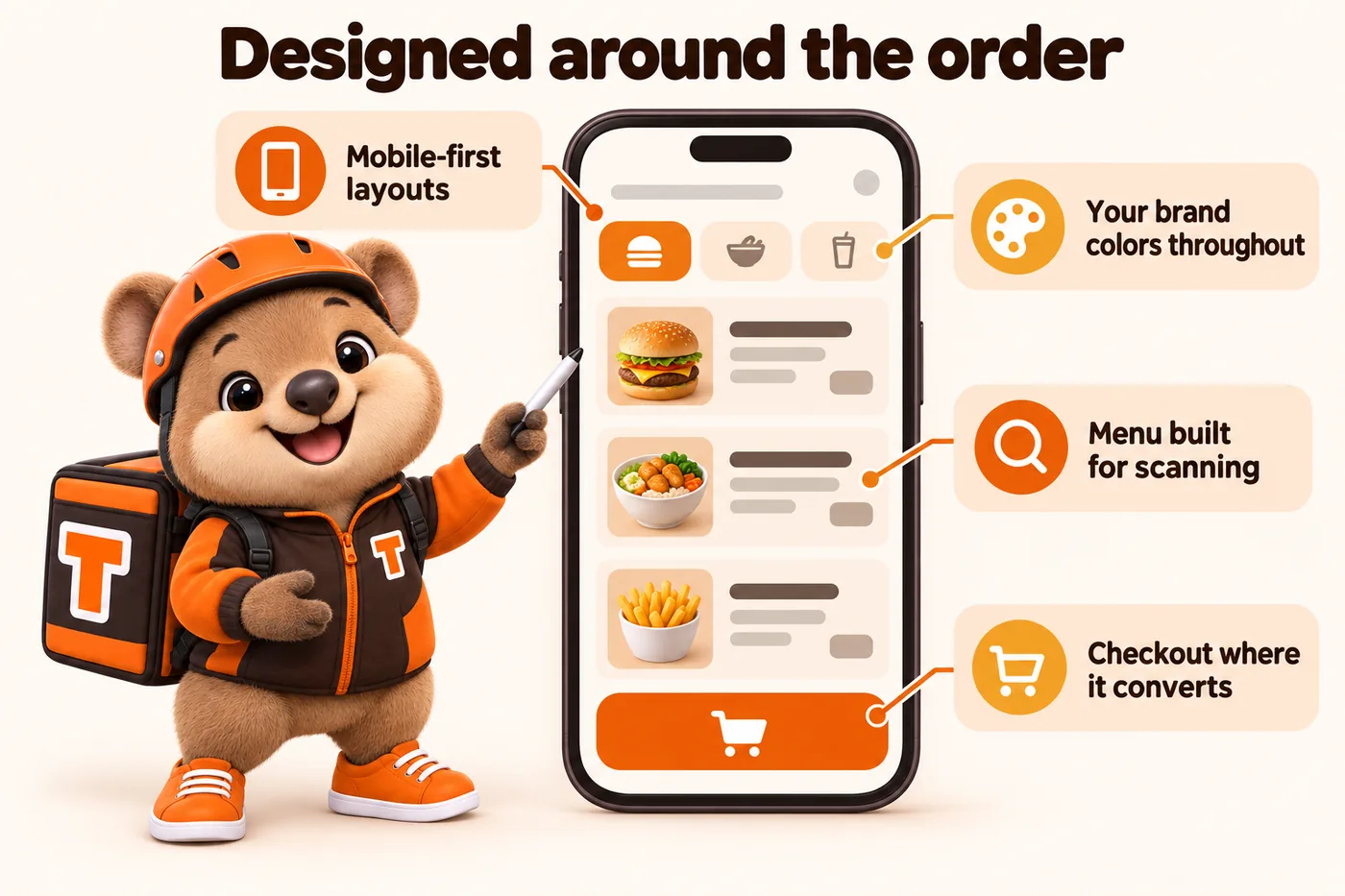 Designed around the order: mobile-first layouts, your brand colors throughout, menu built for scanning, checkout where it converts. Tito points at a phone menu