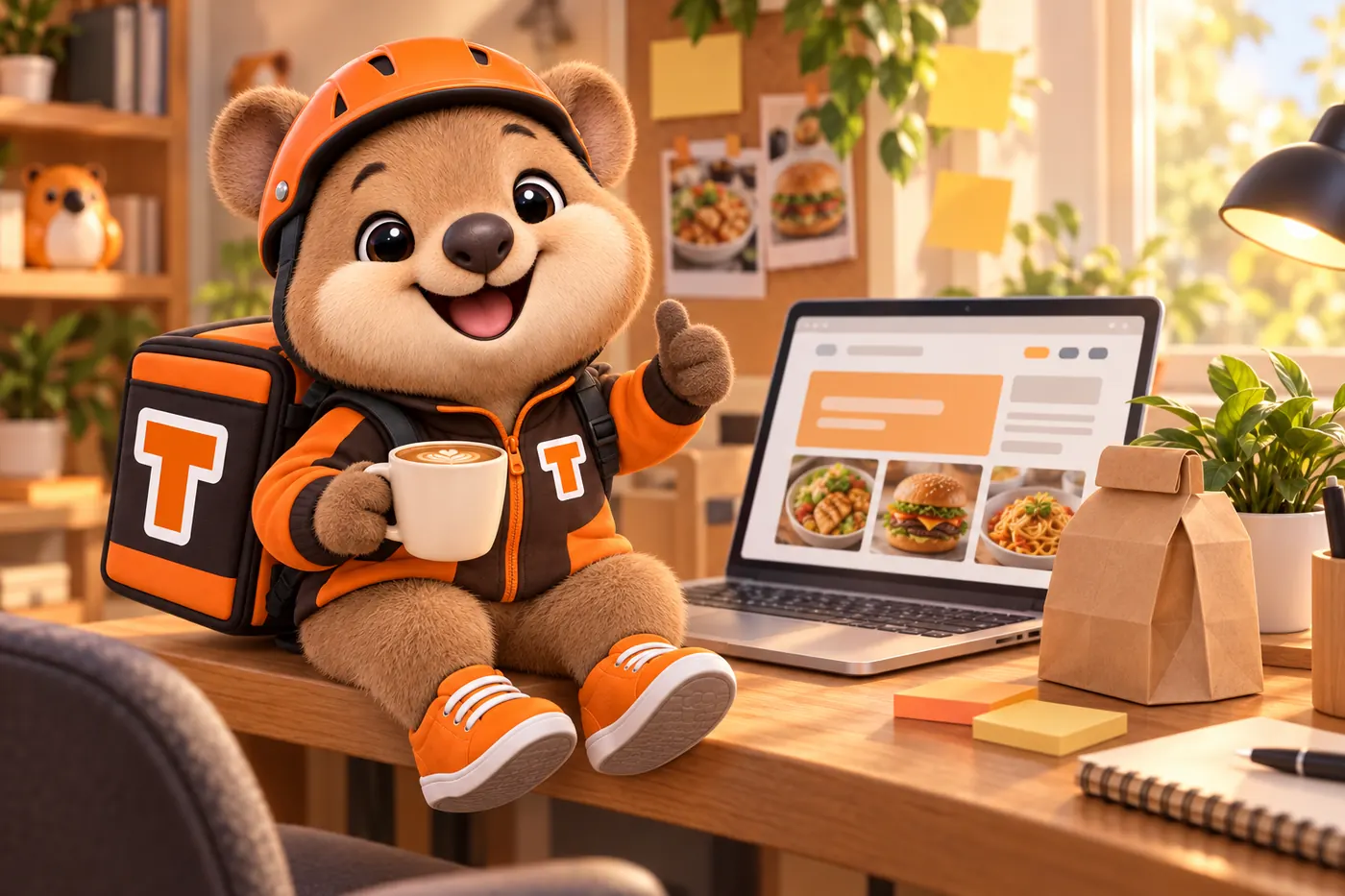 Tito, the GetRestaurantSite mascot, sitting on a desk beside a laptop in the studio