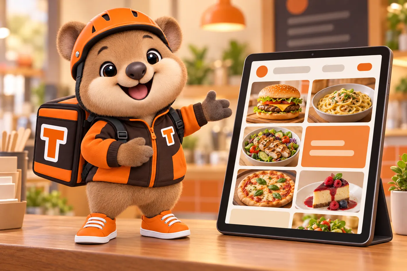 Tito, the GetRestaurantSite mascot, pointing at a restaurant menu page on a tablet