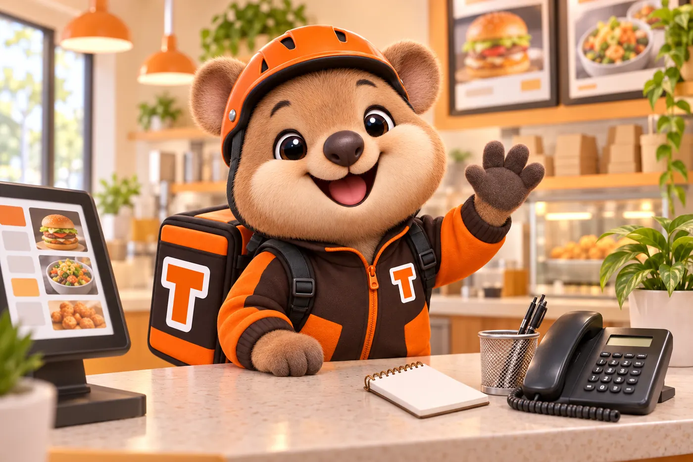 Tito, the GetRestaurantSite mascot, waving hello from a takeaway counter