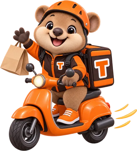 Tito, the GetRestaurantSite mascot, riding his delivery scooter and waving with a takeaway bag