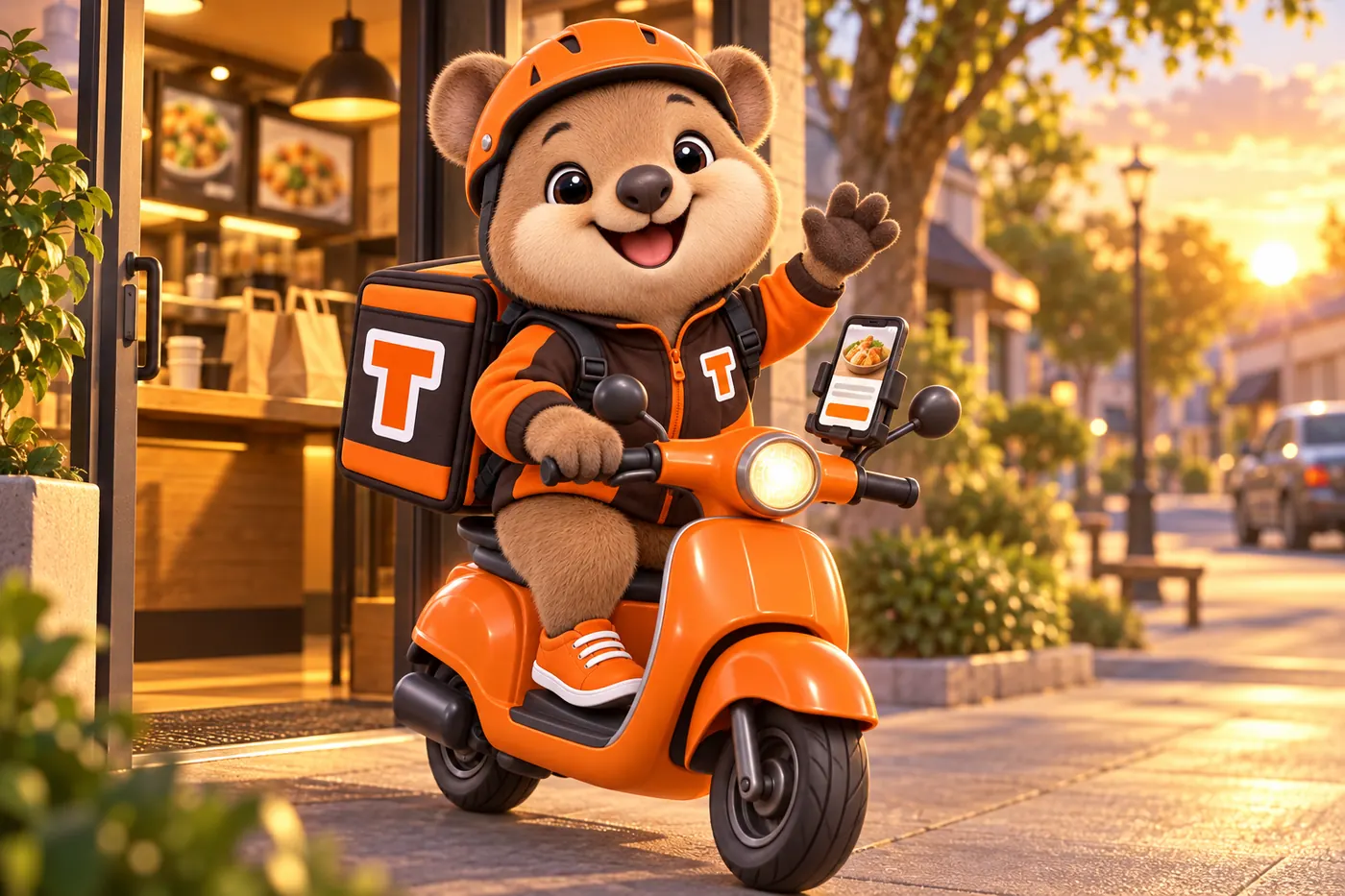 Tito, the GetRestaurantSite mascot, riding out of a takeaway shop on his scooter with an order