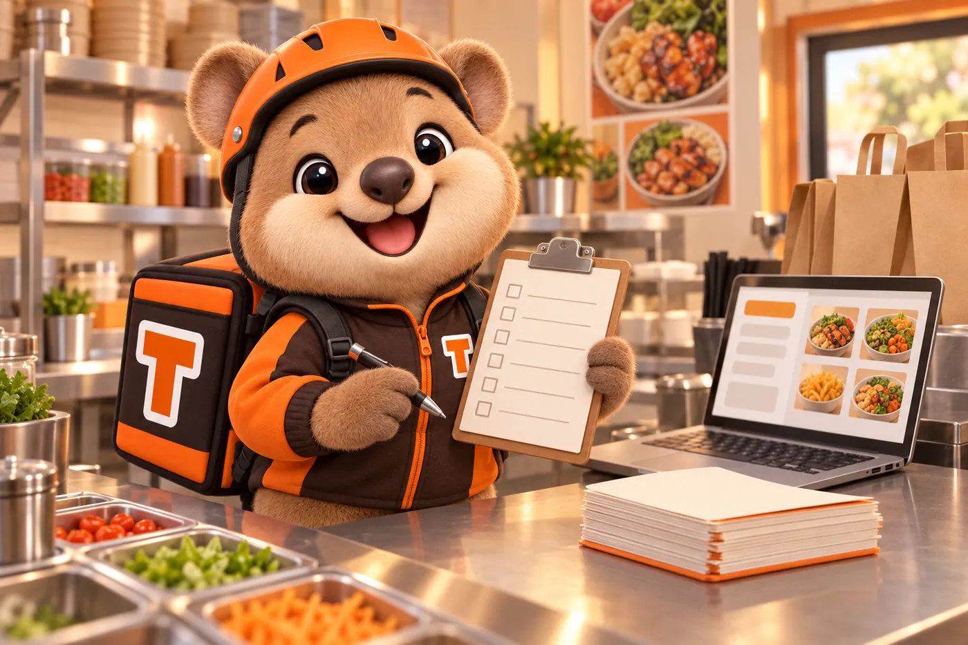 Tito, the GetRestaurantSite mascot, holding a checklist at a kitchen prep table